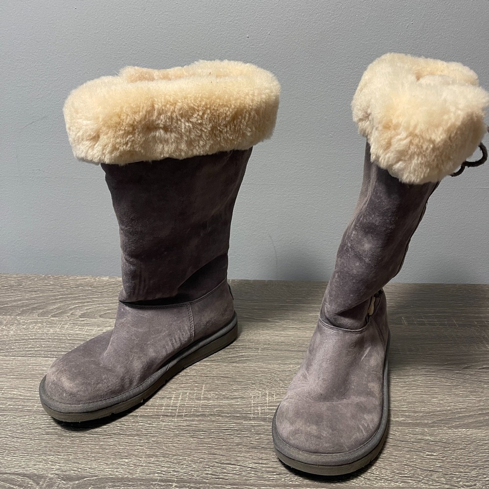 UGG Australia Women's Boots US 7 Gray Lace Up Tall Suede Genuine Sheepskin Lined